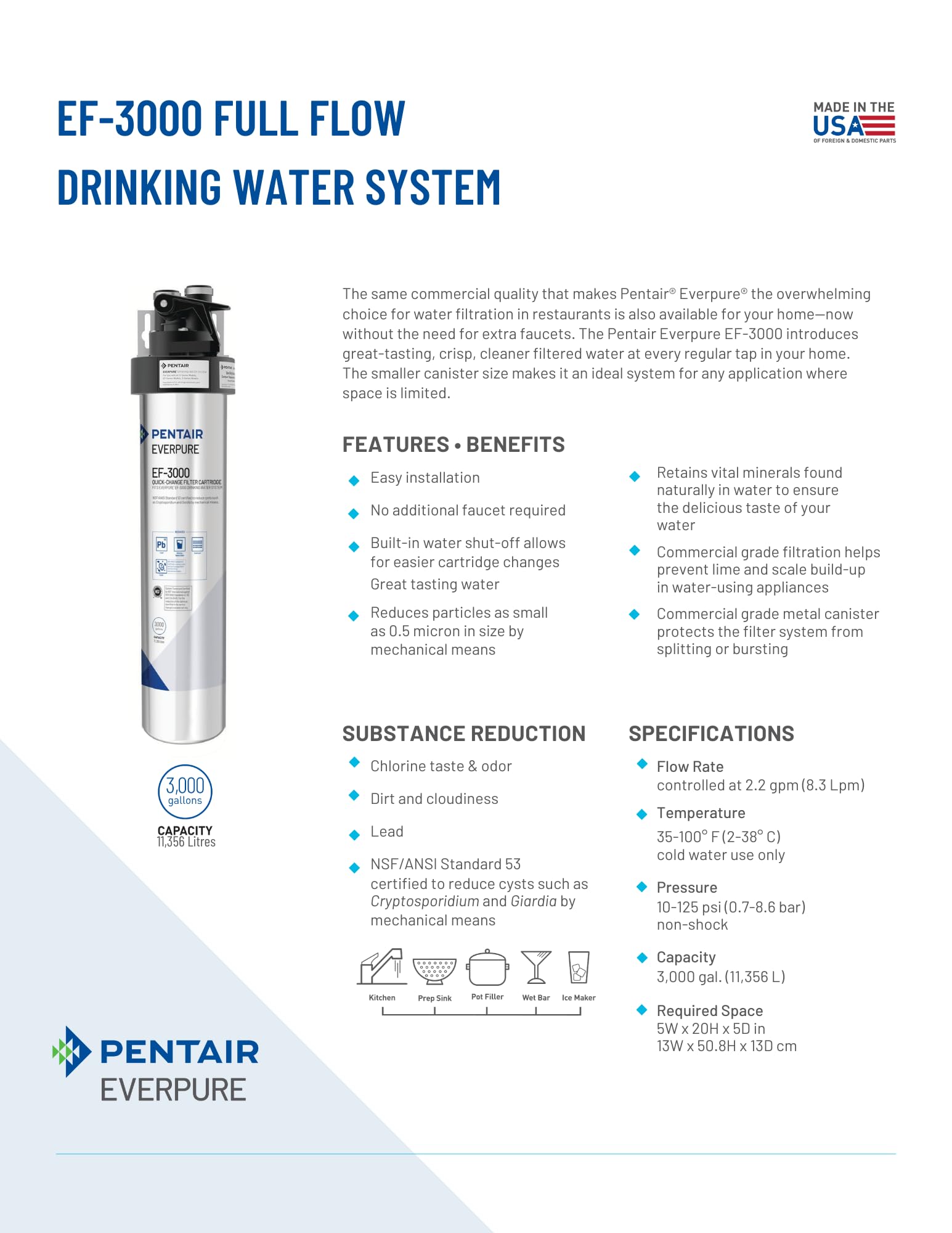 USA-made Everpure cartridge delivers reliable filtration in a compact canister.