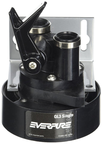 Everpure EV9259-14 QL3 filter head with built-in shut-off valve for easy maintenance.