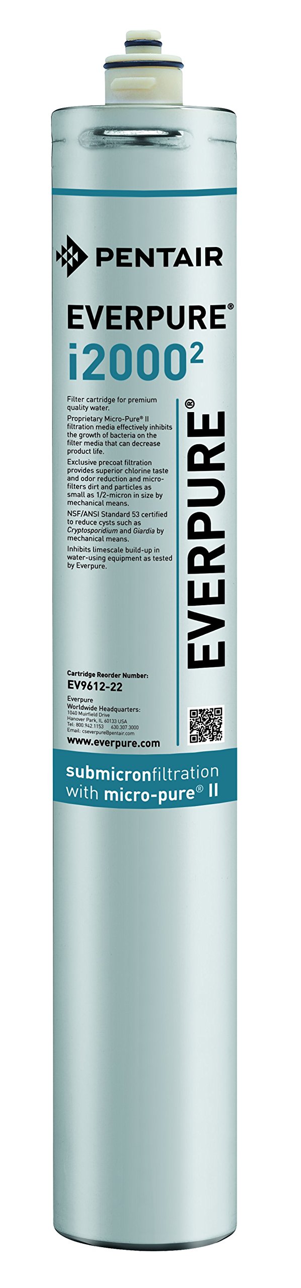 Everpure EV961222 i2000 2-filter cartridge for ice machines reduces scale and improves water quality.