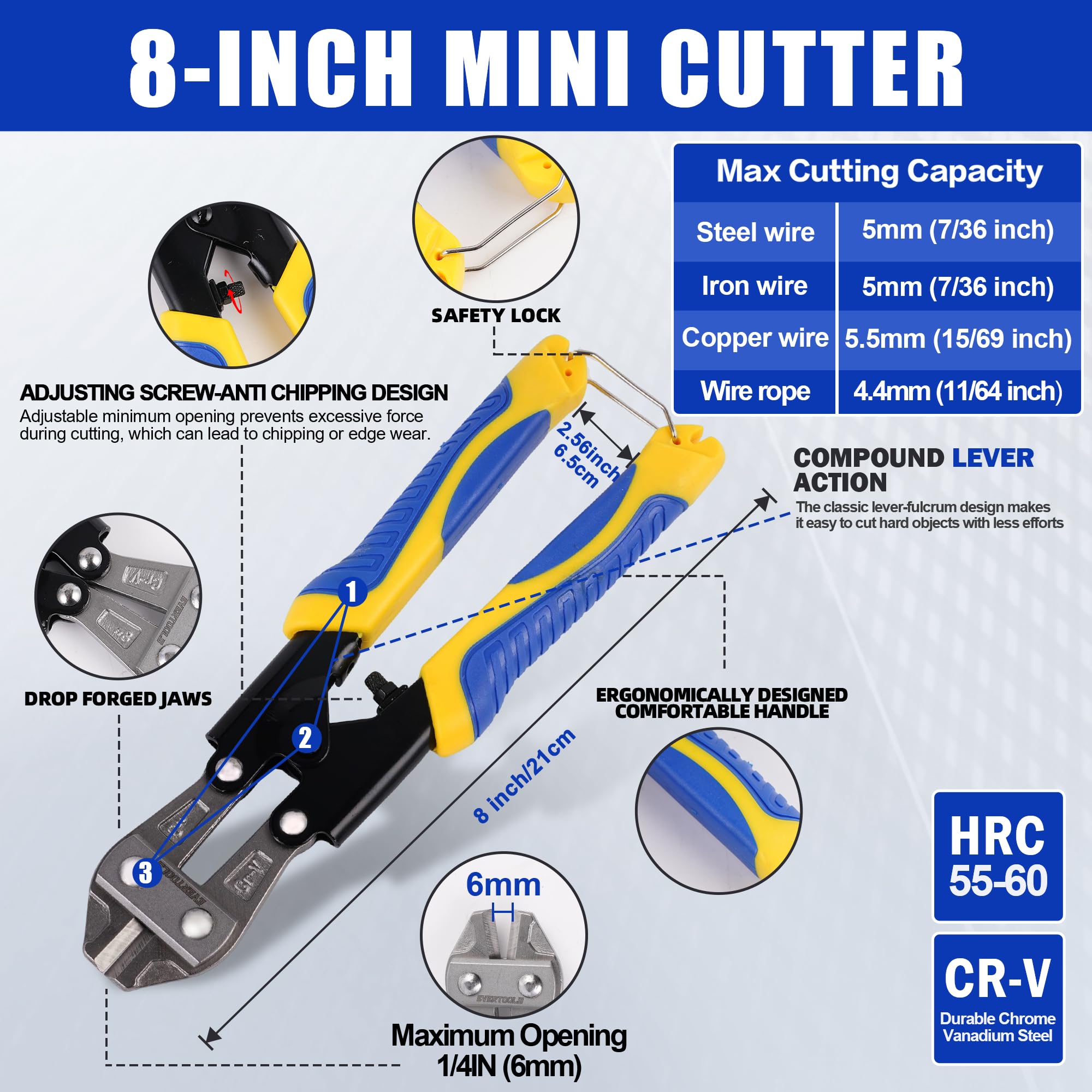 Evertools 8-inch cable cutter in action slicing aluminum and copper