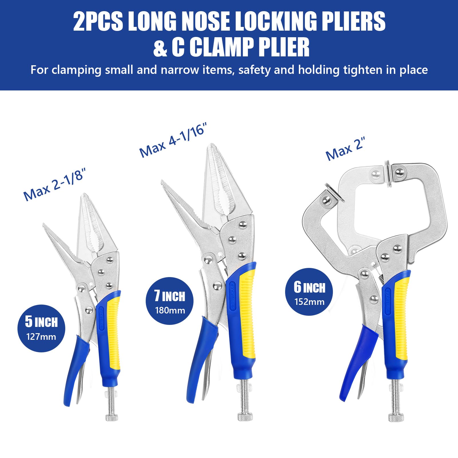 Evertools locking pliers set with a 10-inch curved jaw for long reach and leverage.