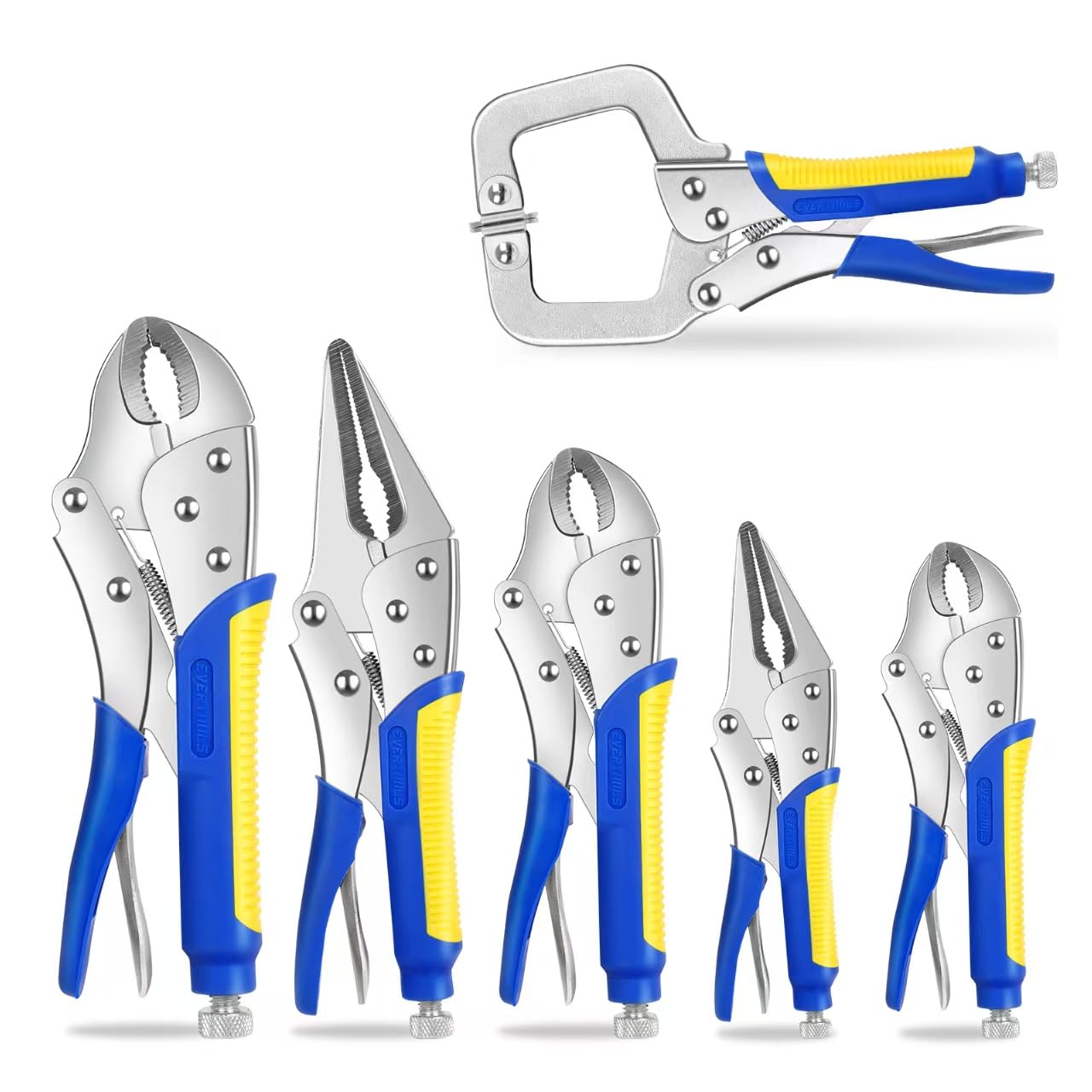 Evertools locking pliers set with a 5-inch curved jaw for precise grabbing.