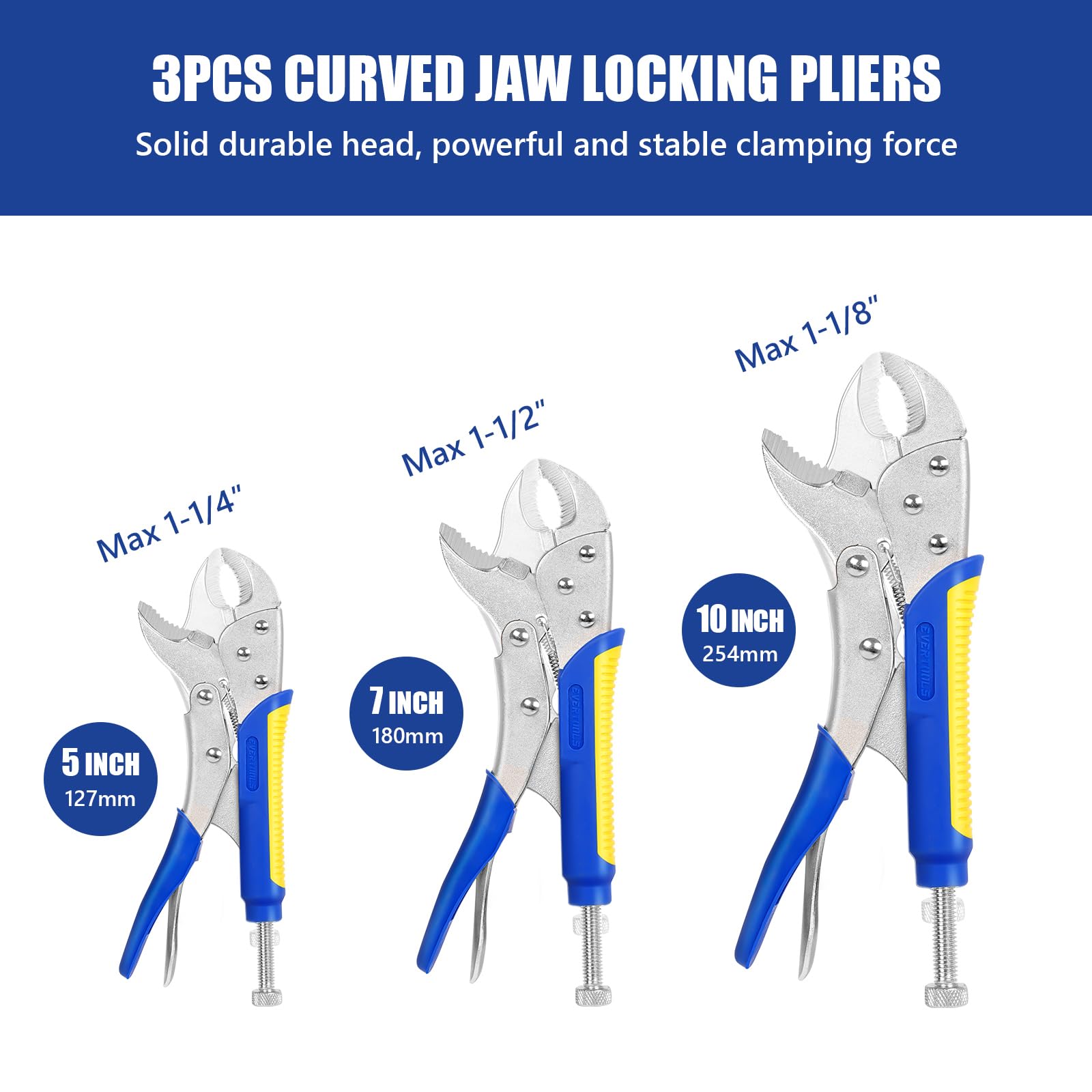 Evertools locking pliers set with a 7-inch curved jaw for heavy-duty clamping.