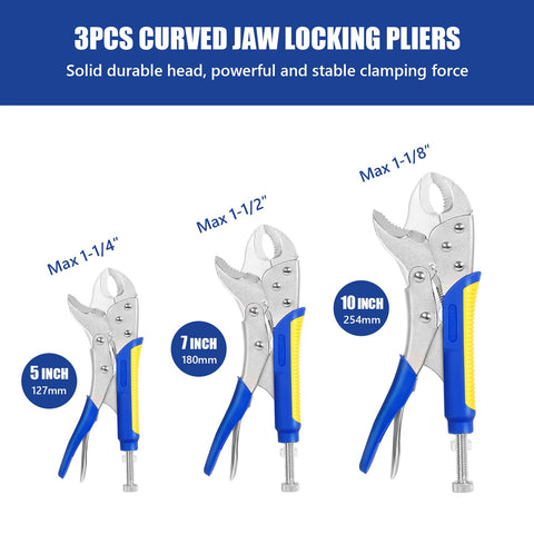 Evertools locking pliers set with a 7-inch curved jaw for heavy-duty clamping.