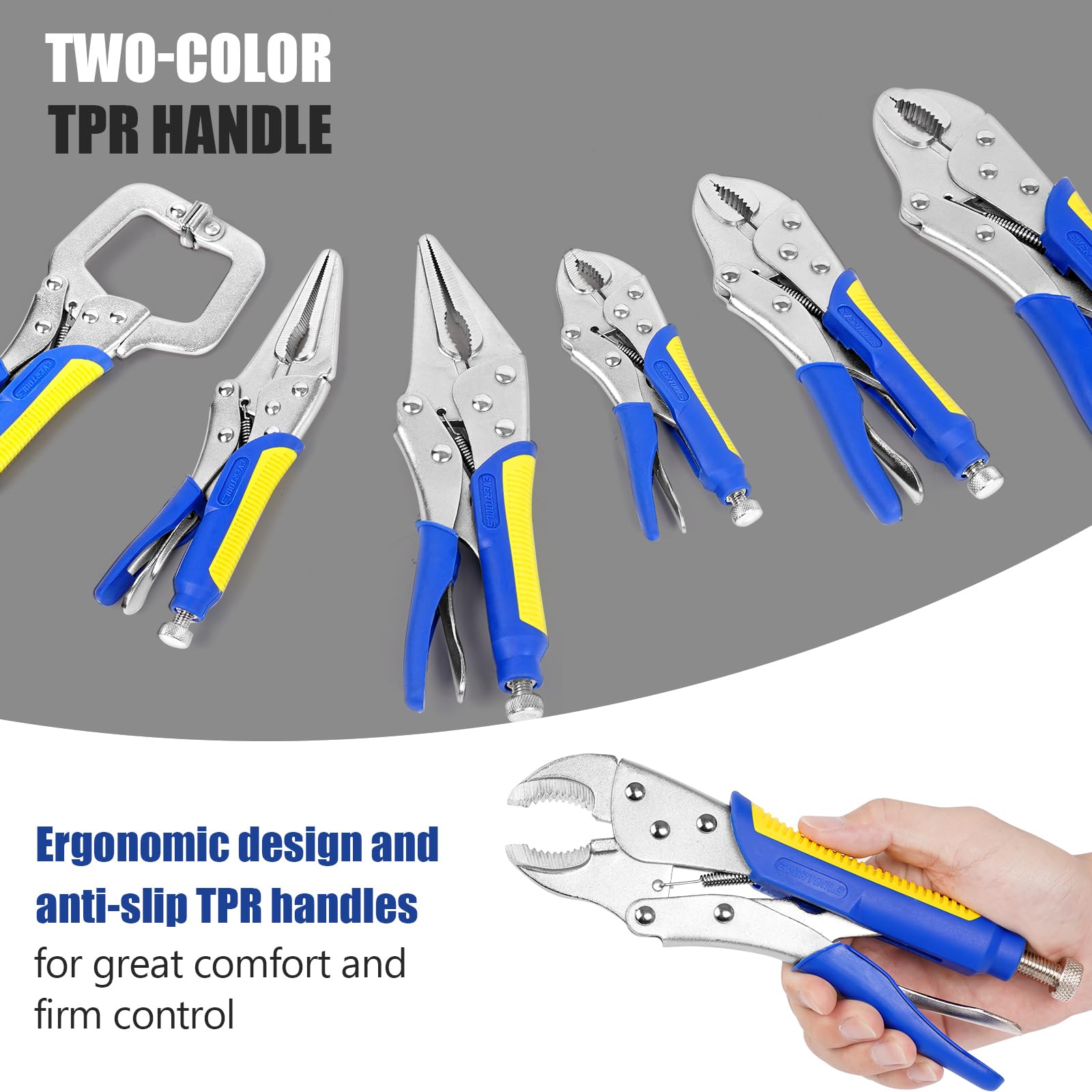 Evertools locking pliers with 9-1/2-inch needle nose for precise reach.