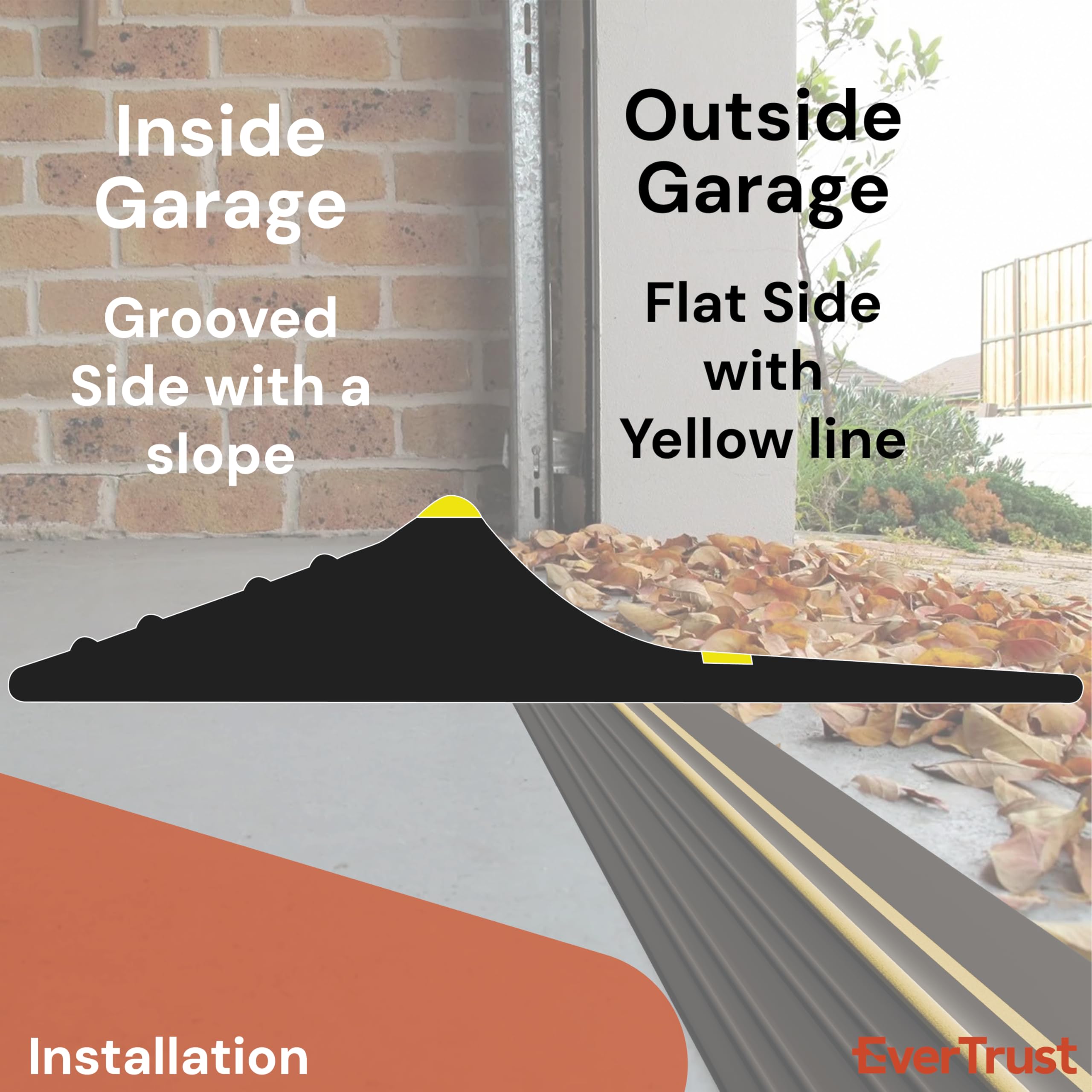 EverTrust installed under door creating barrier against rain, leaves, and dust