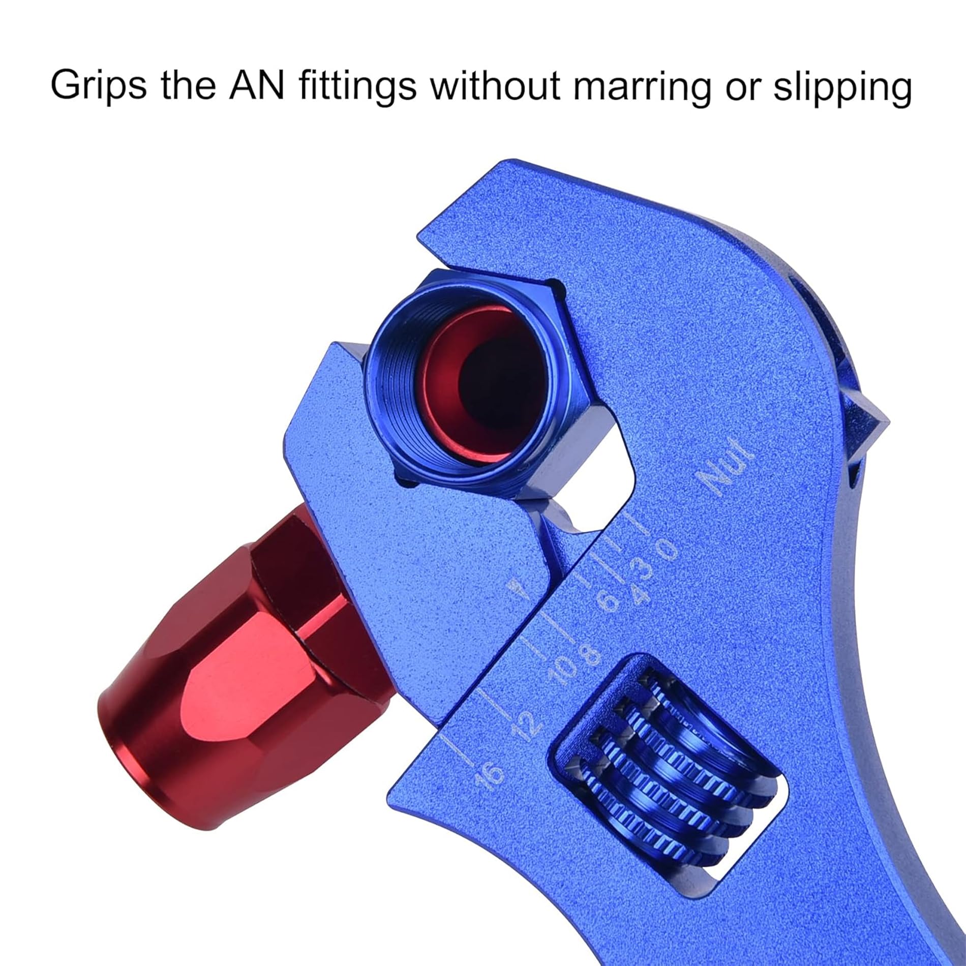 EVIL ENERGY AN hose-fitting adjustable wrench close-up jaws for aluminum fittings protection.