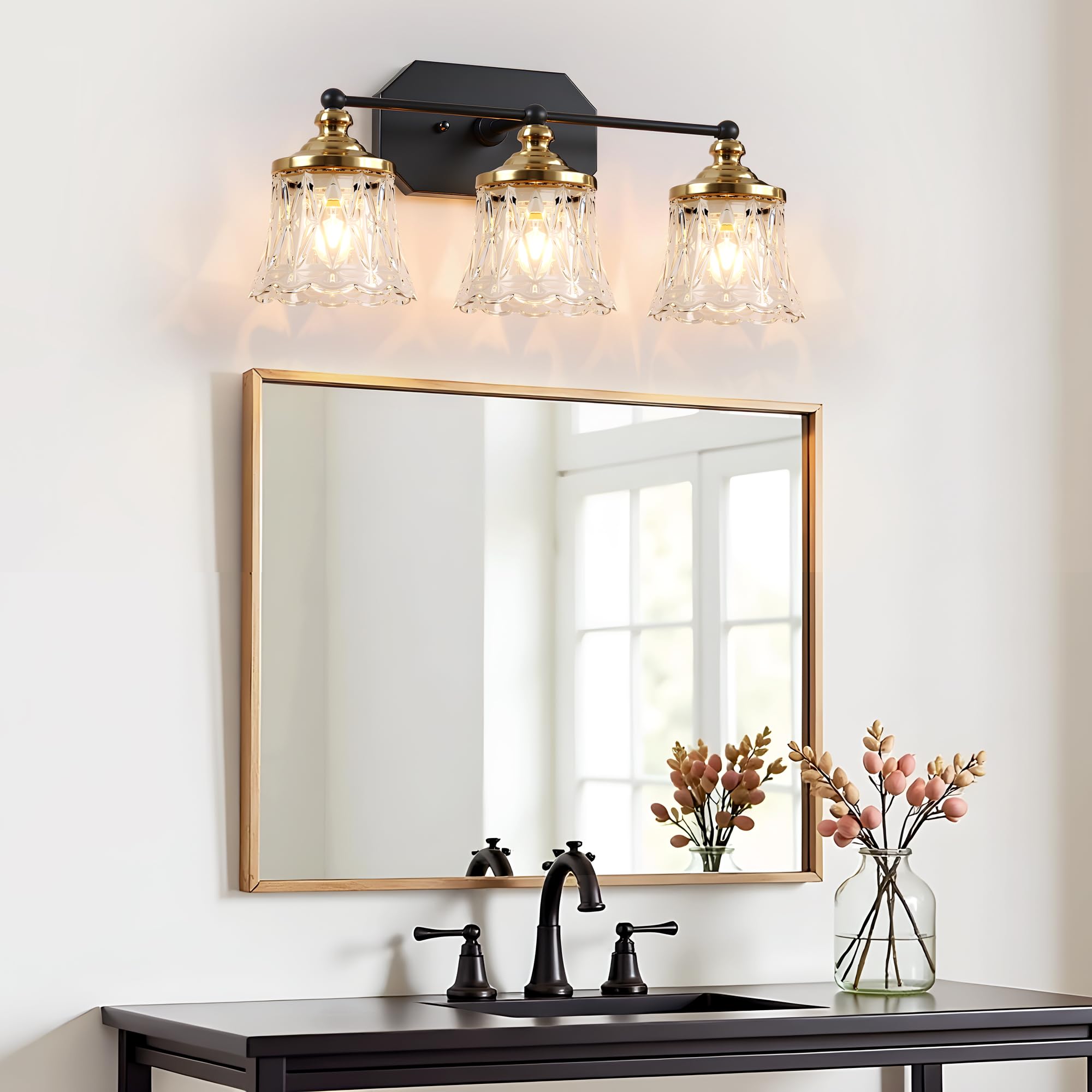 EvmVom black and gold 3-light vanity frame over mirror enhances style