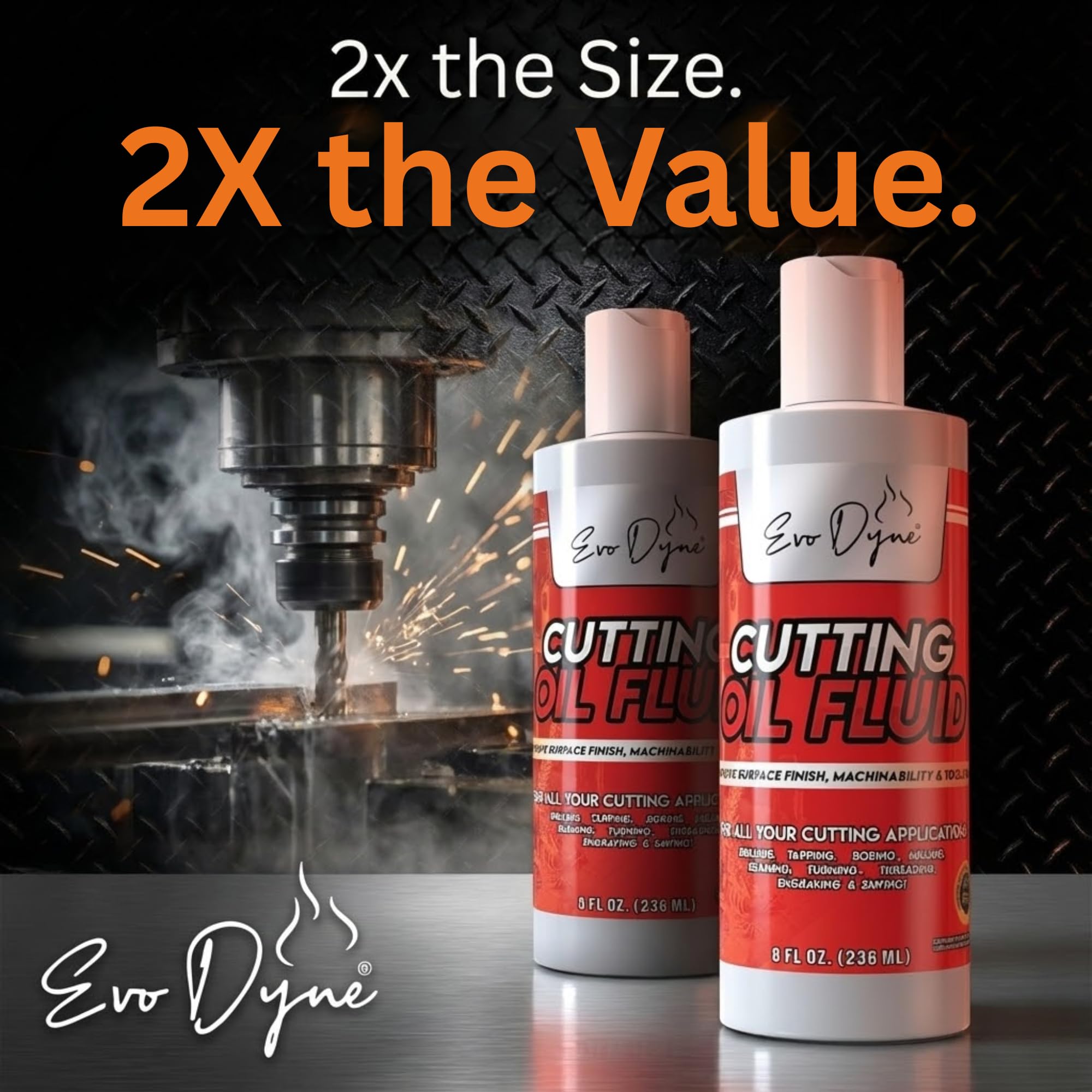 Evo Dyne Cutting Fluid two-pack display suggesting multipurpose lubrication across metals