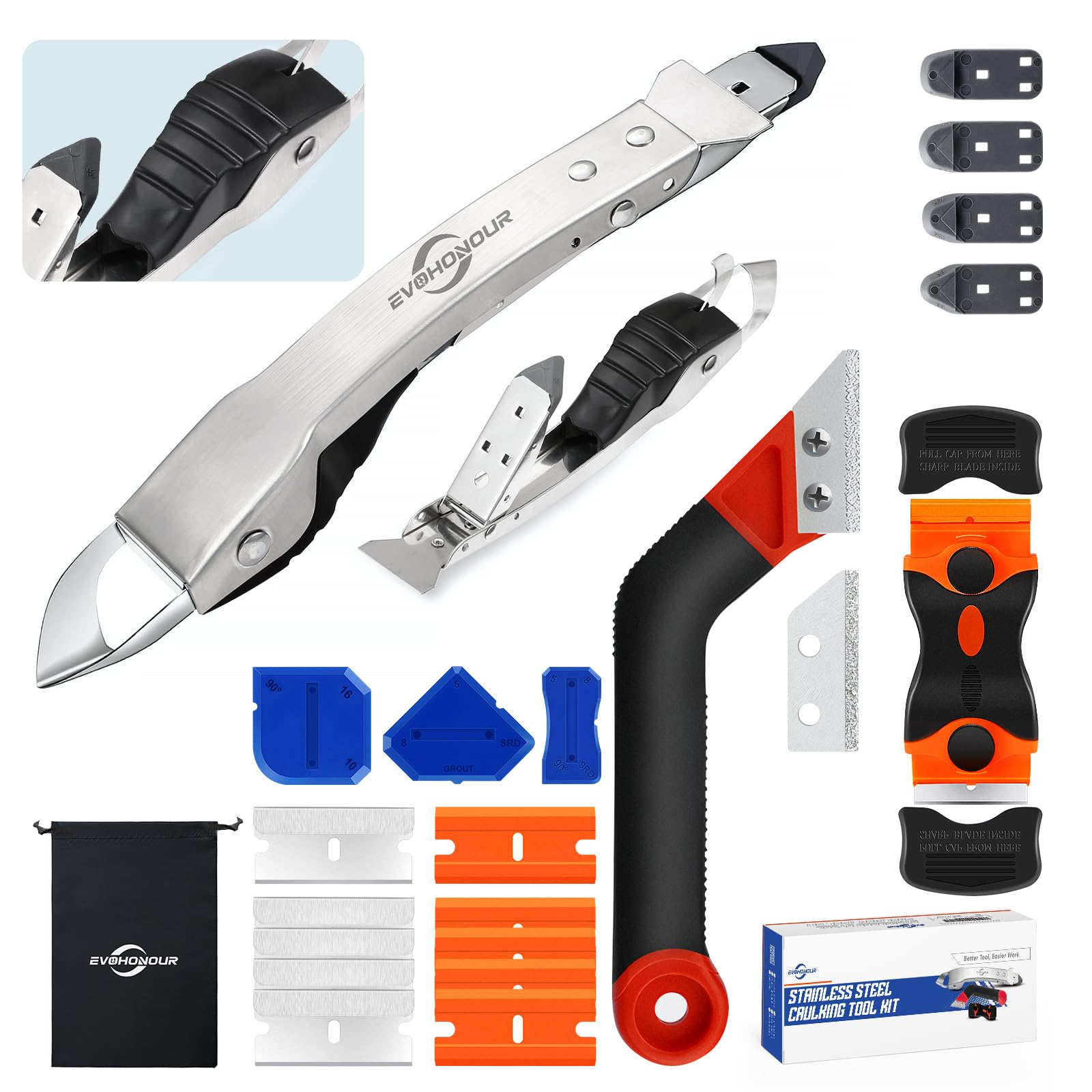 EVOHONOUR Silicone Caulking Tool Kit assembled for comprehensive seal maintenance.
