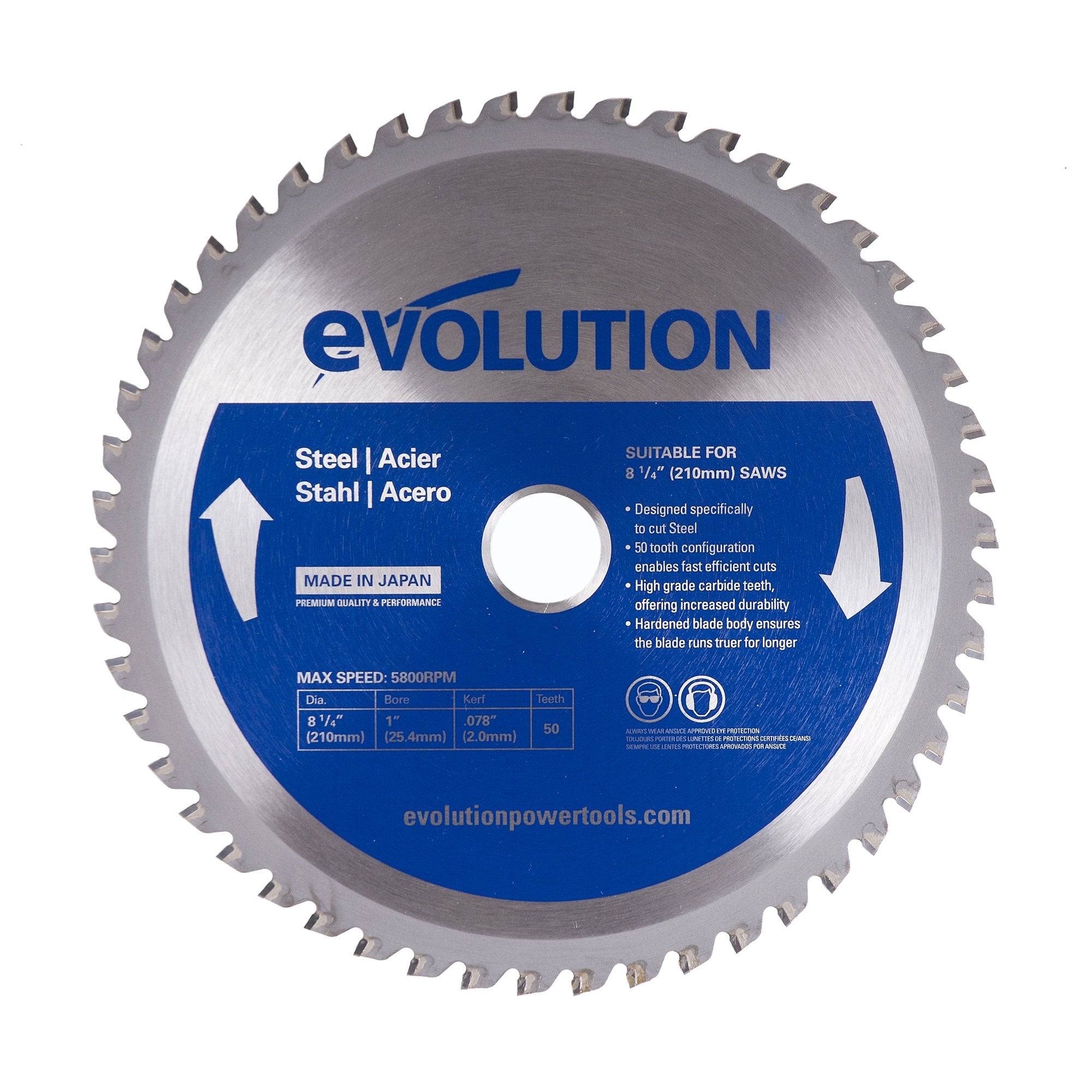 EVOLUTION 8-1/4-inch mild steel blade on a saw delivering precise mild steel cuts