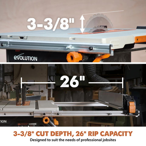 Evolution R10TBLX 0–45 degree bevel angle with geared selector for accuracy.