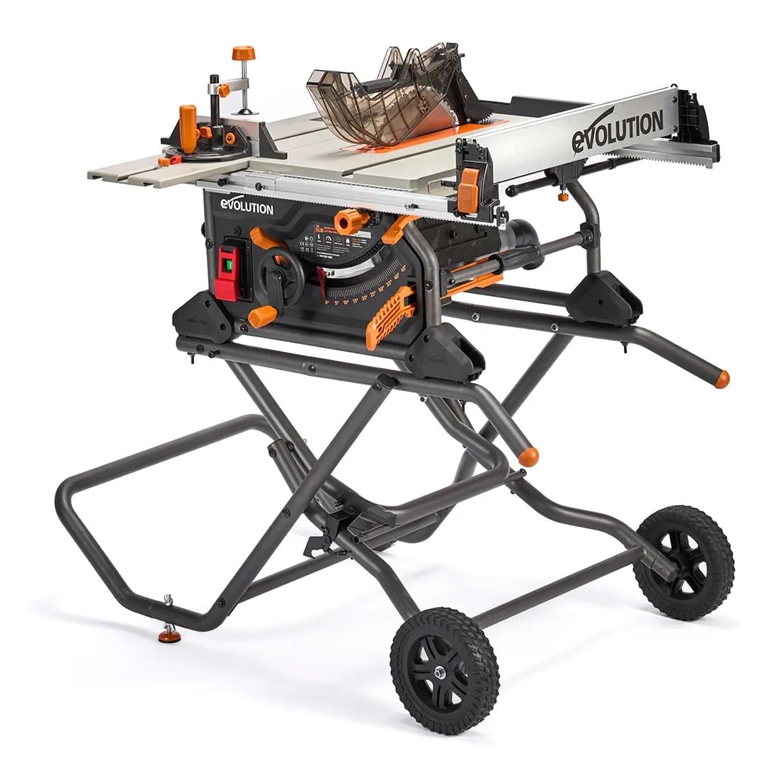 Evolution R10TBLX full table saw on a portable stand, ideal for job-site setup.