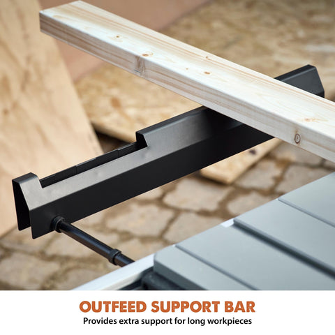 Evolution R10TBLX outfeed support bar stabilizes large pieces during cuts.