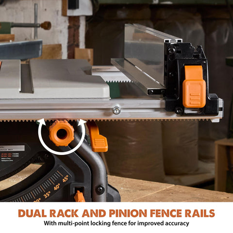 Evolution R10TBLX quick-release riving knife enhances safety during blade changes.