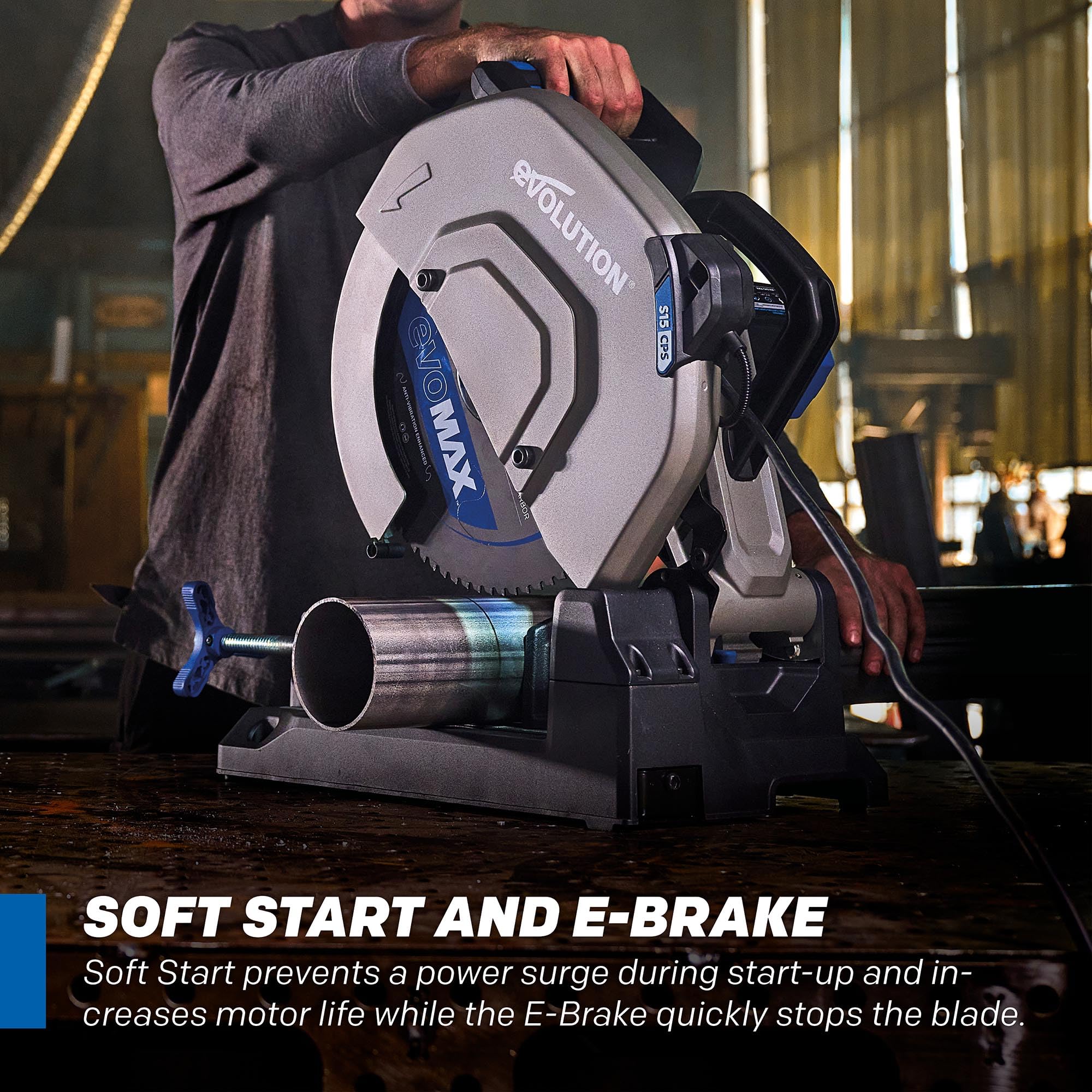 Evolution S15CPS e-brake stops the blade quickly for safer cuts