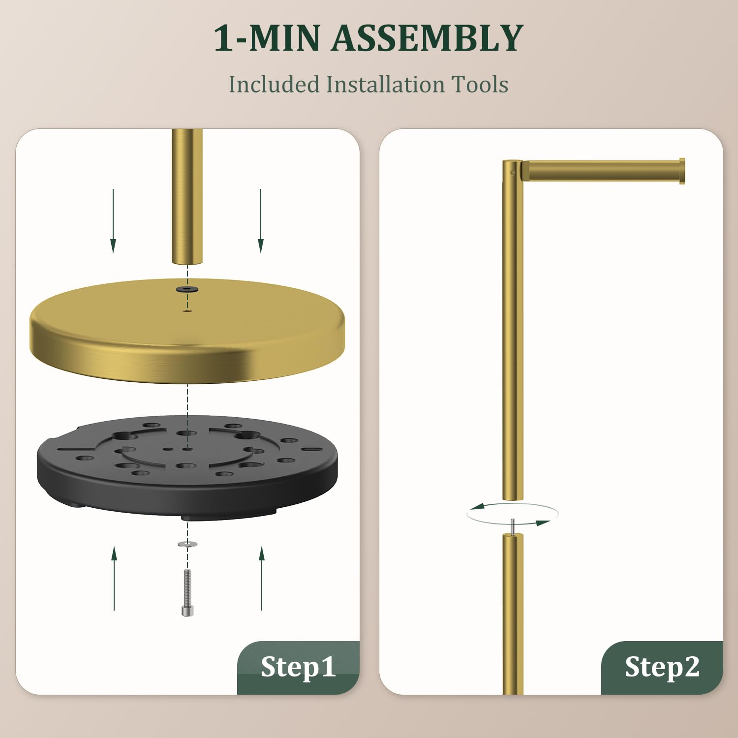 Evolvegoods brushed gold quick 1-minute assembly with no drilling required.