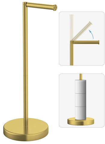 Evolvegoods brushed gold freestanding toilet paper holder stand for space-saving bathroom organization.