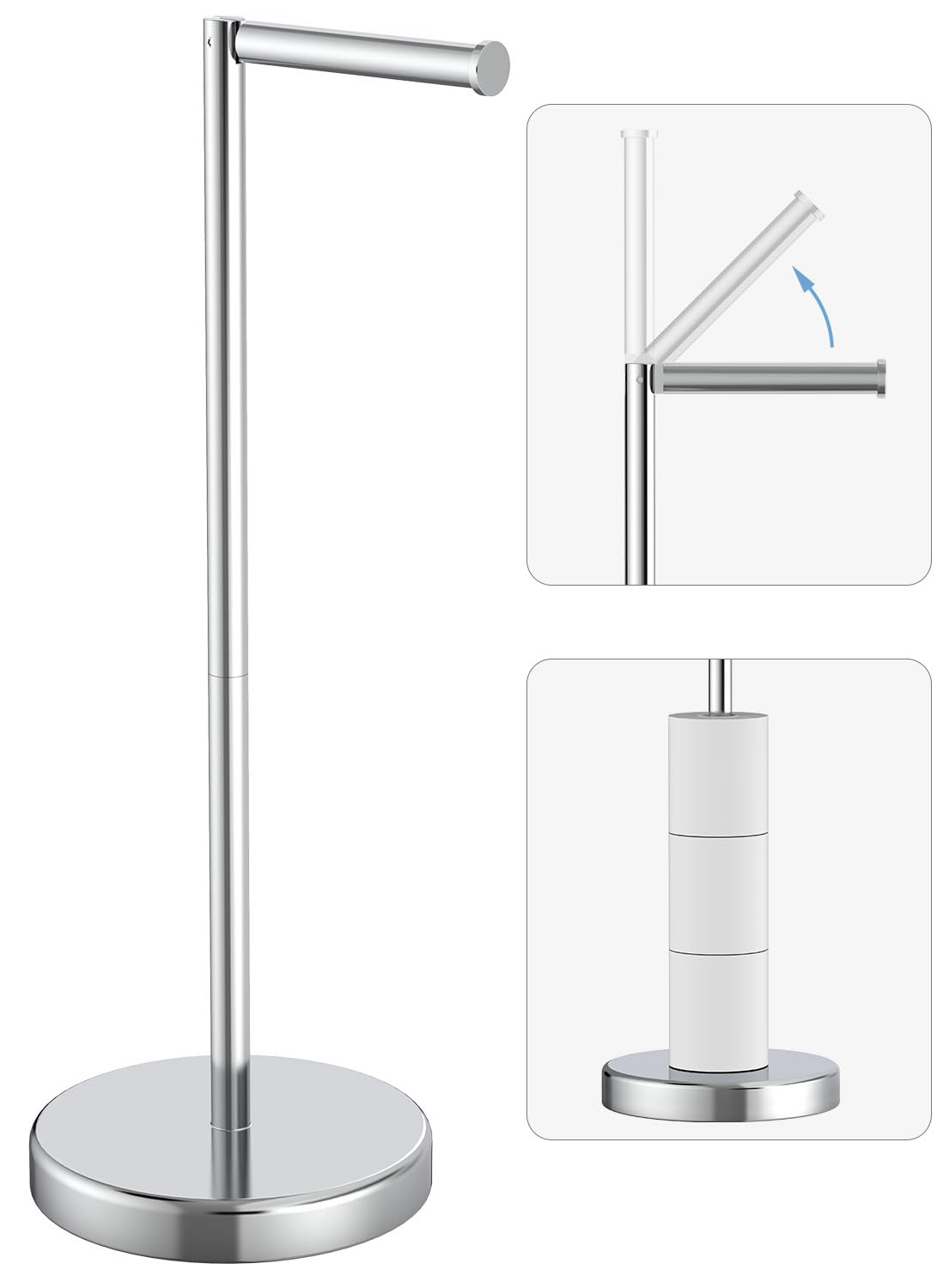 Evolvegoods chrome toilet paper holder stand with four-roll storage for clutter-free bathrooms.