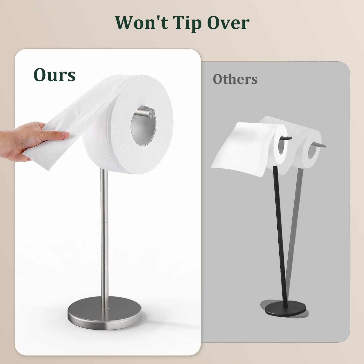 Evolvegoods weighted base prevents wobble during roll changes in busy households.