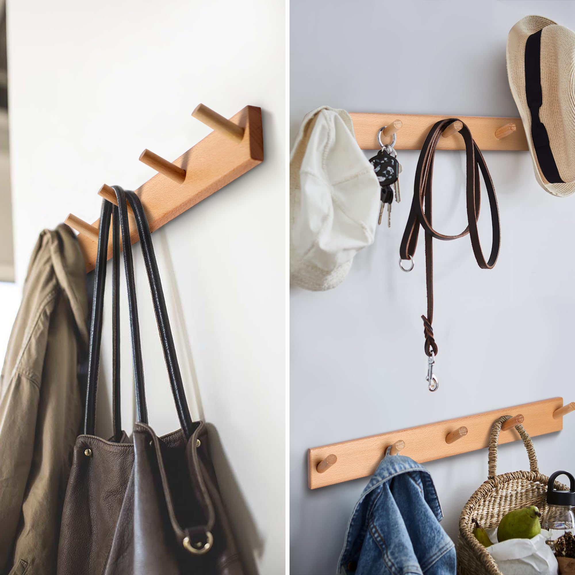 Evory beech wood coat hooks highlight natural grain, perfect for hats and light jackets.
