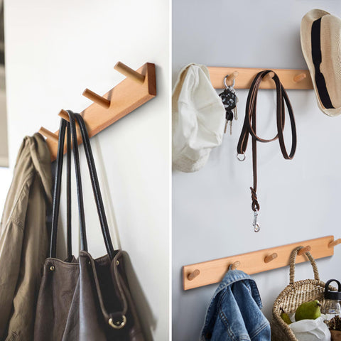 Evory beech wood coat hooks highlight natural grain, perfect for hats and light jackets.
