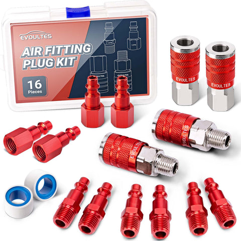 EVOULTES 16-piece air fittings kit for universal 1/4\" NPT connections, ideal for compressors