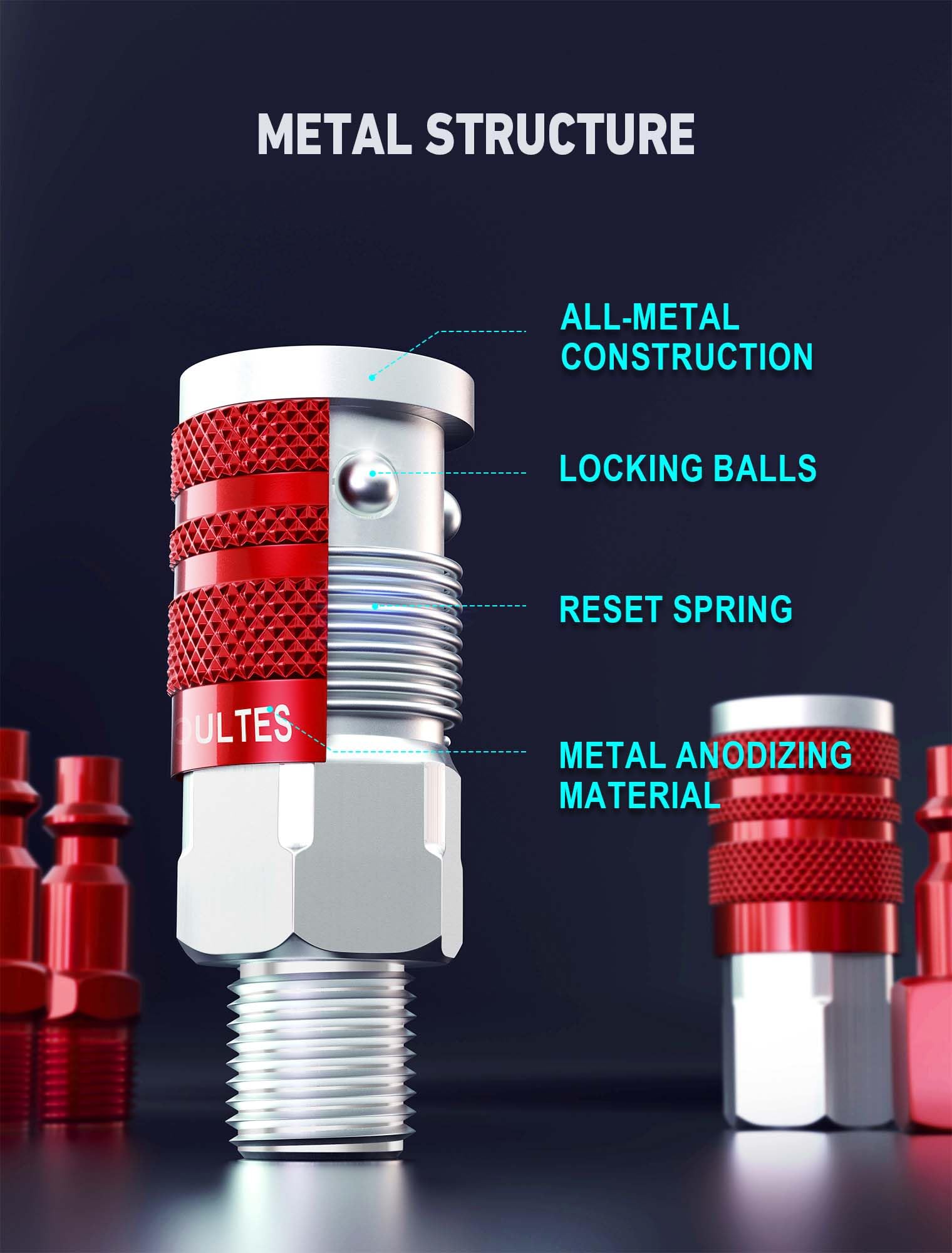 EVOULTES metal couplers and aluminum fittings offer high strength and corrosion resistance