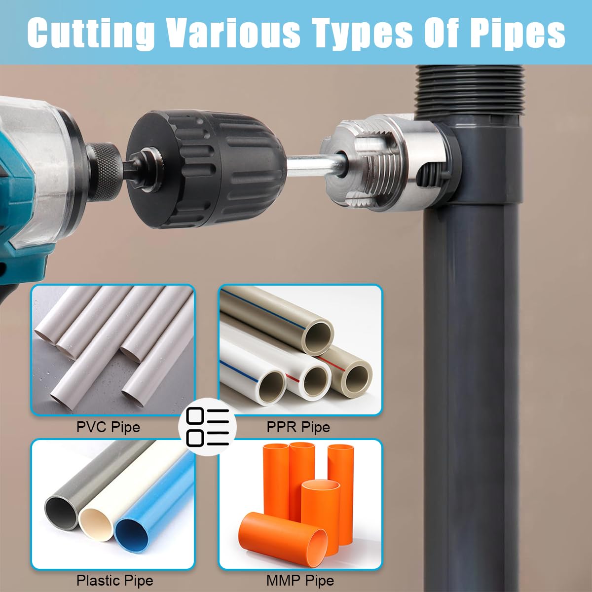 Evponk multi-material capability shows threading on PVC, PPR, and MPP pipes.