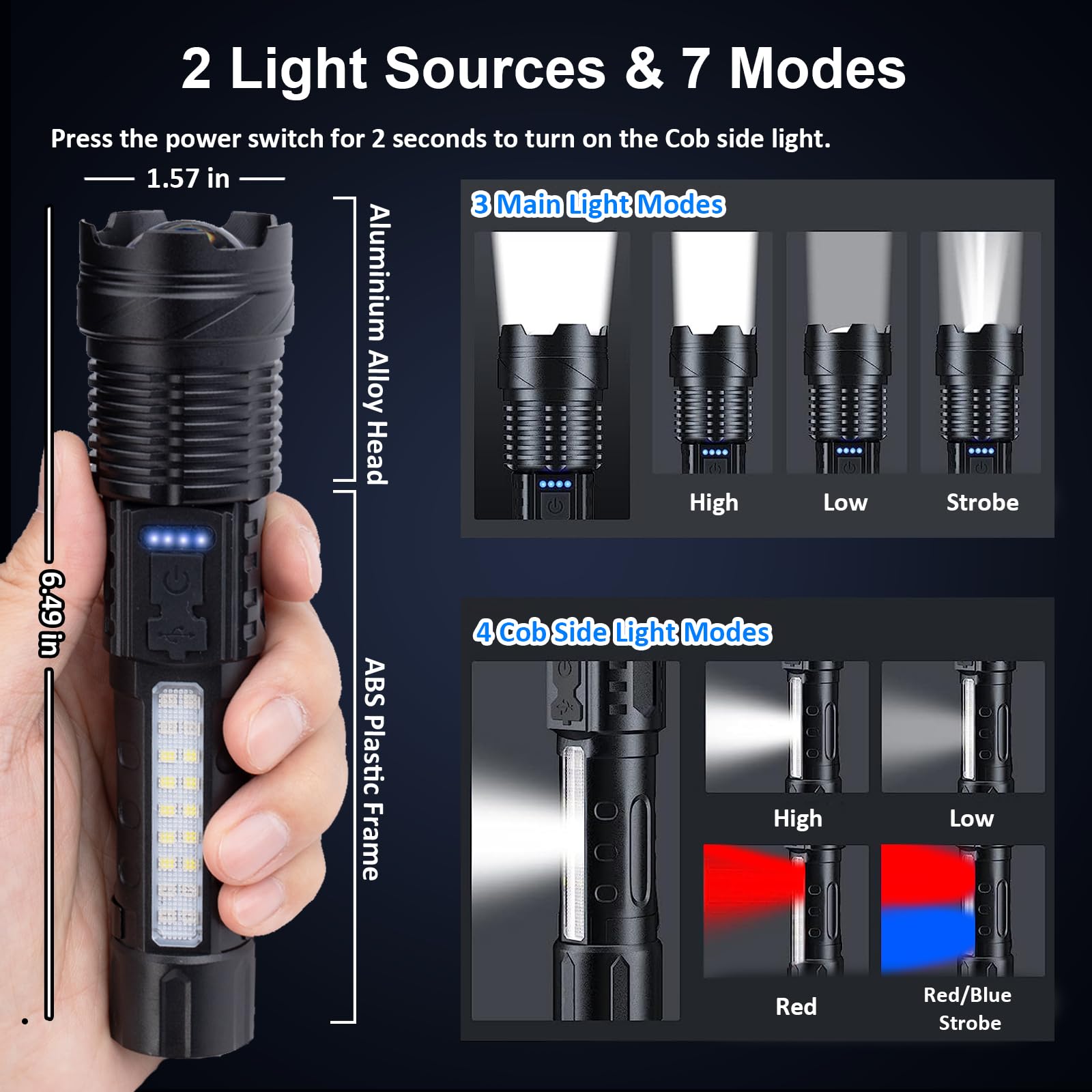 Ewenele flashlight side COB light with red and blue for signaling and visibility.