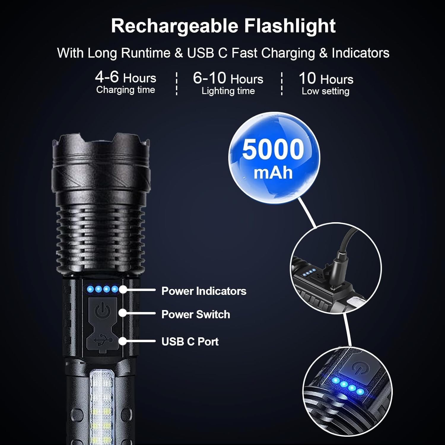 Ewenele flashlight USB-C charging for rapid power and long runtime.