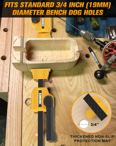 EWORK Bench Dog Clamp fits 3/4 inch holes on standard benches.