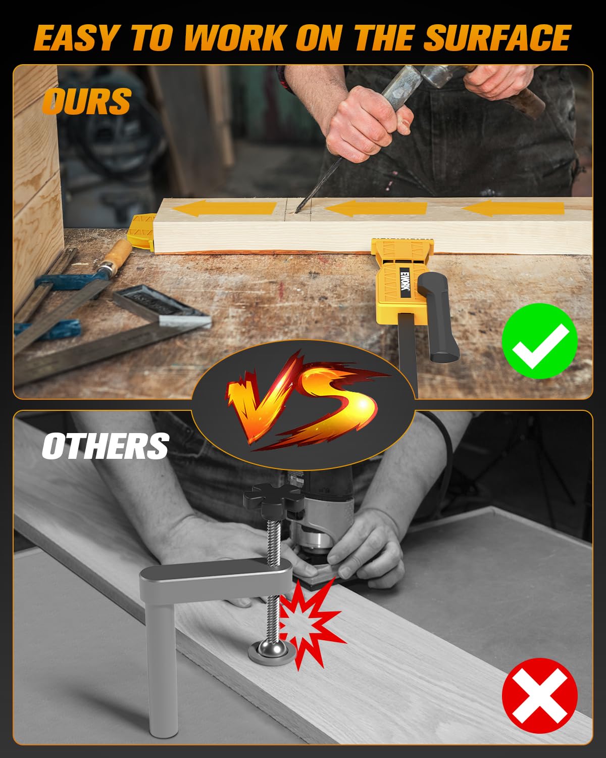 EWORK Bench Dog Clamp up to 155 lbs provides strong edge clamping.