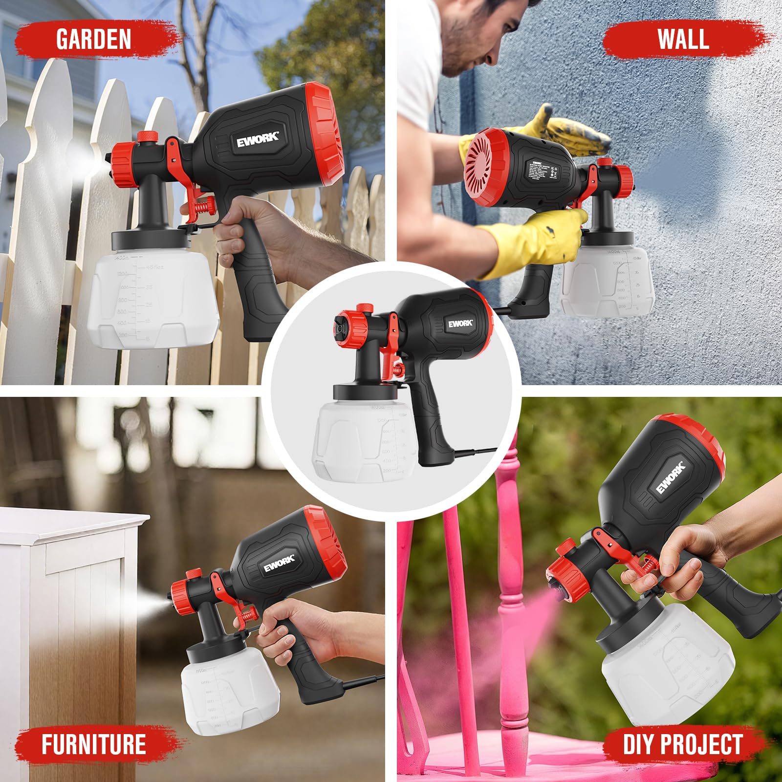 EWORK package includes four nozzles, filters, and tools for quick setup.