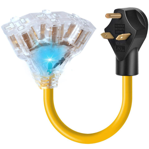 EXCELFU 30A TT-30P adapter with three illuminated outlets for RV use.