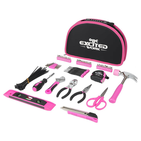 Excited Work 89-piece pink toolkit with round pouch for organized DIY projects.