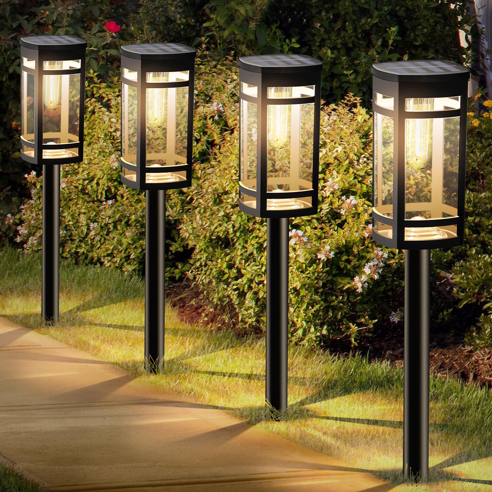 EXCMARK 12-pack solar garden lights along a lawn edge at dusk for safe night visibility.
