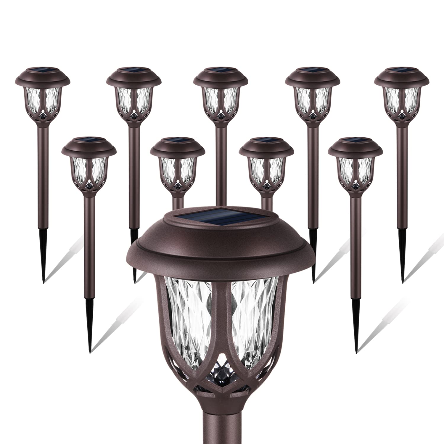 EXCMARK outdoor decorative solar lights in brown with warm white glow along a garden path