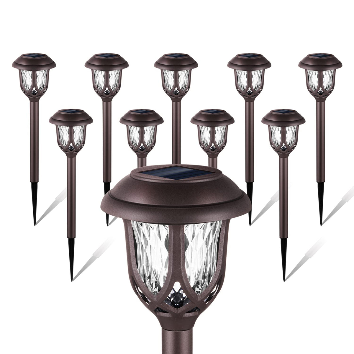 EXCMARK outdoor decorative solar lights in brown with warm white glow along a garden path