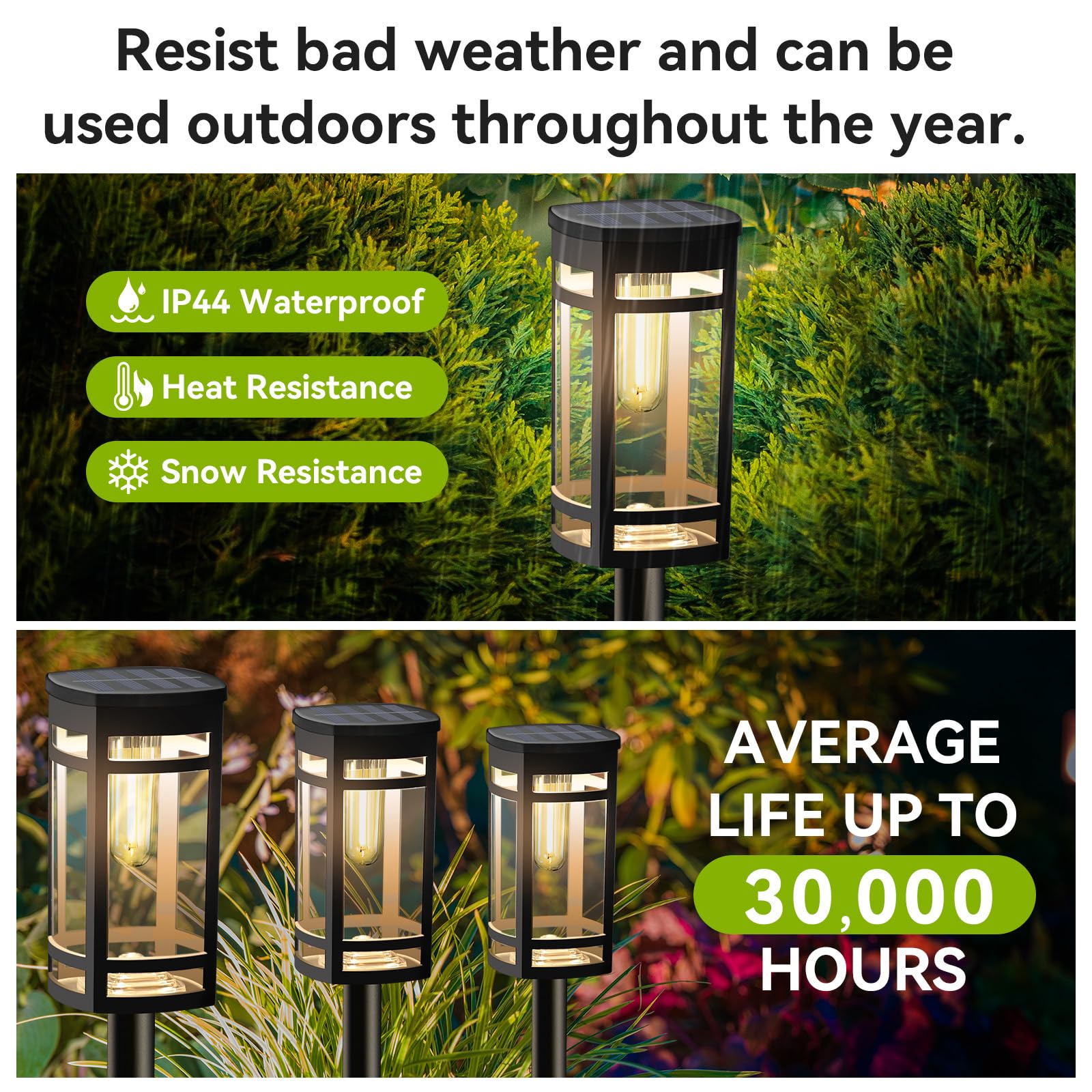EXCMARK sturdy black stake lights endure weather while enhancing borders.