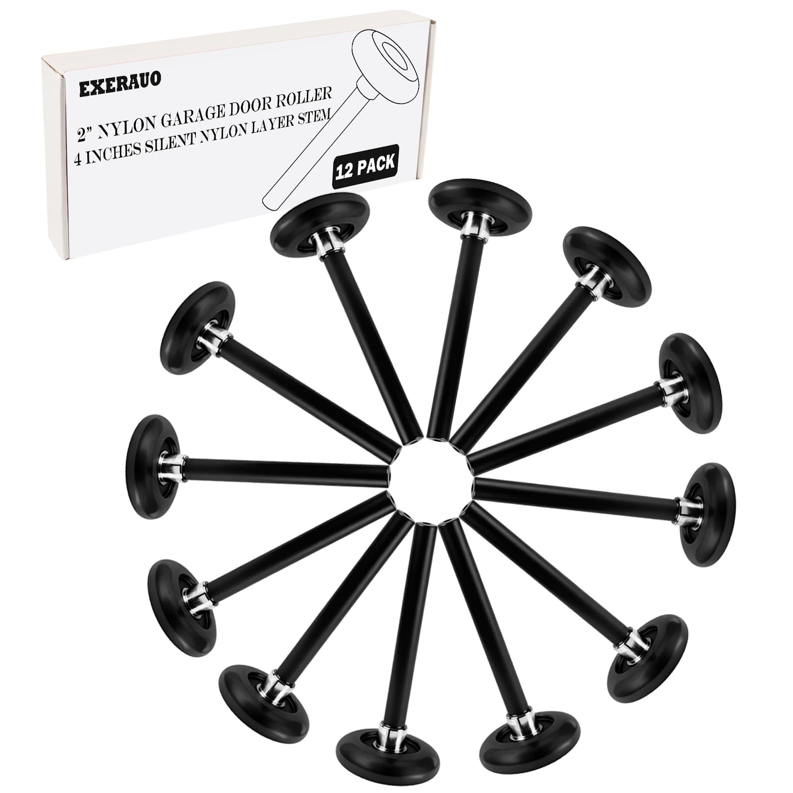 EXERAUO 12-pack nylon garage rollers in a row, illustrating quiet operation.