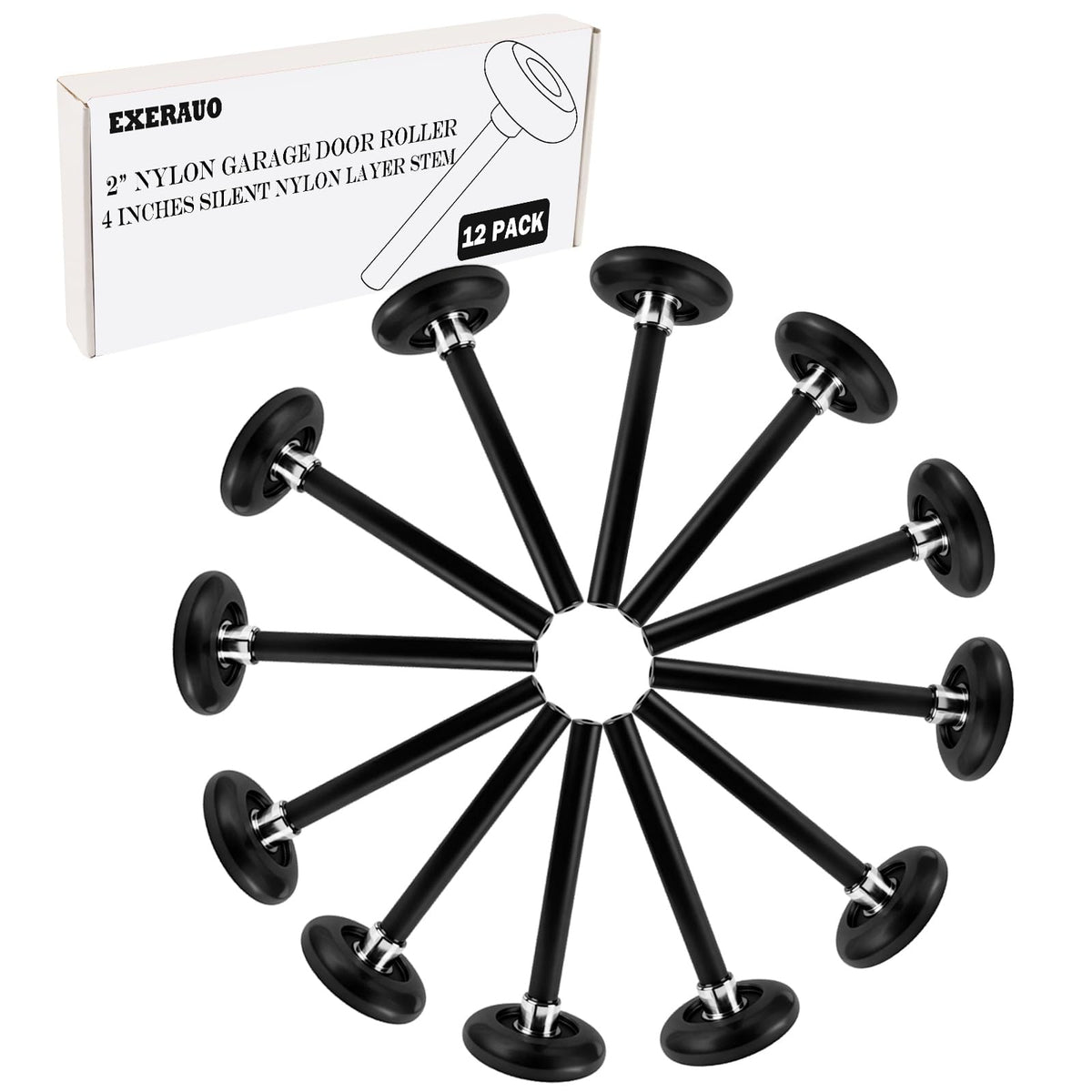 EXERAUO 12-pack nylon garage rollers in a row, illustrating quiet operation.