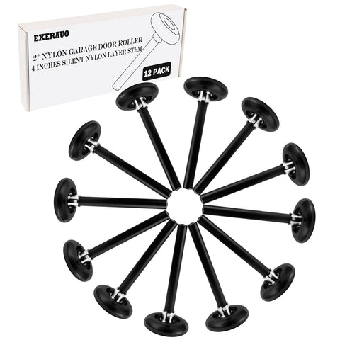 EXERAUO 12-pack nylon garage rollers in a row, illustrating quiet operation.