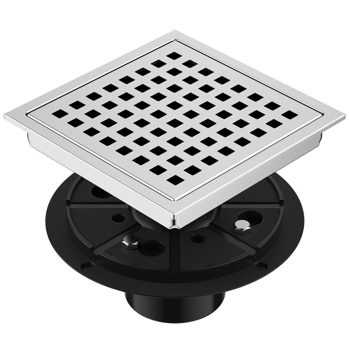 EXF 6-inch square shower drain chrome for fast drainage in modern bathrooms.