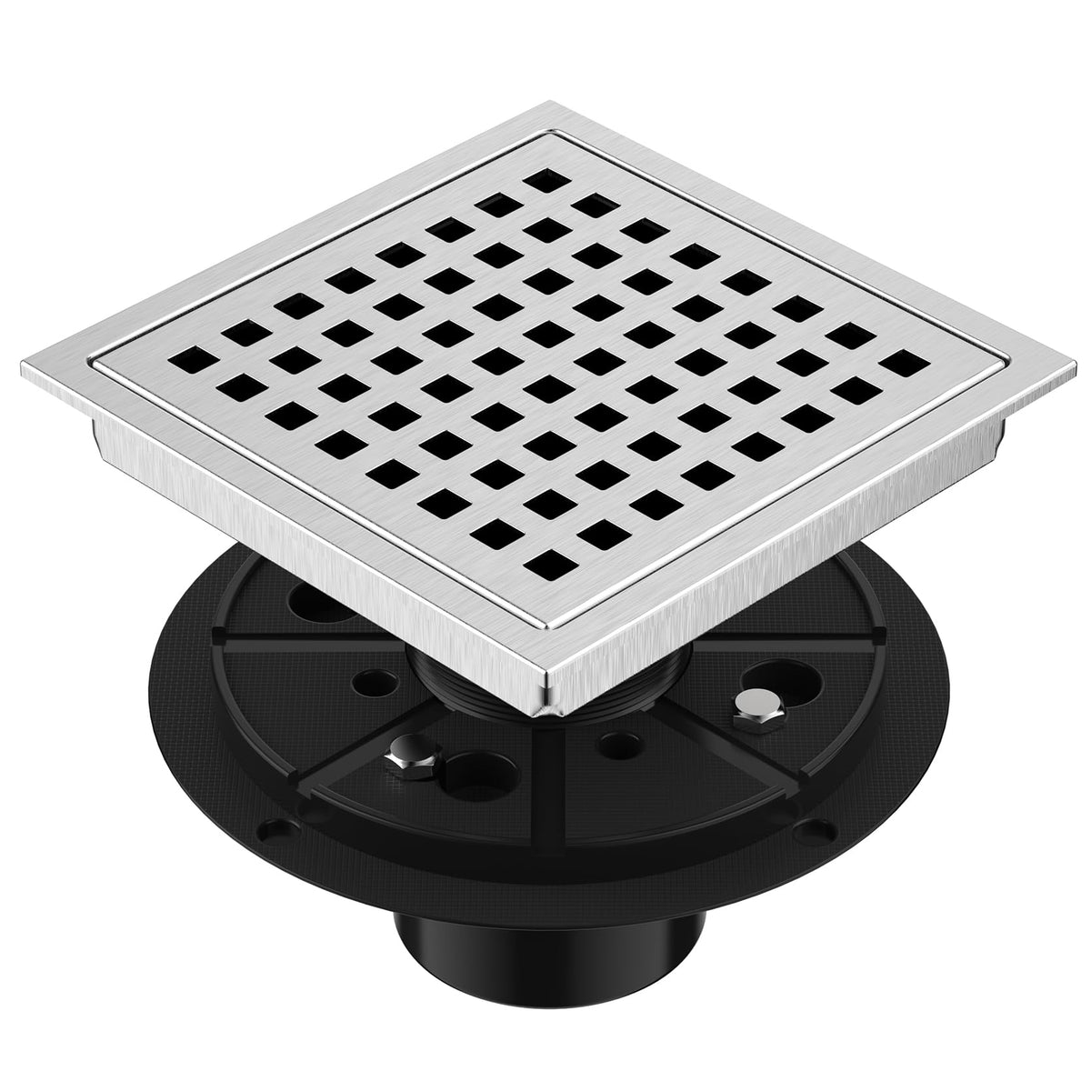 EXF 6x6 square shower drain in brushed nickel with high flow to prevent puddles
