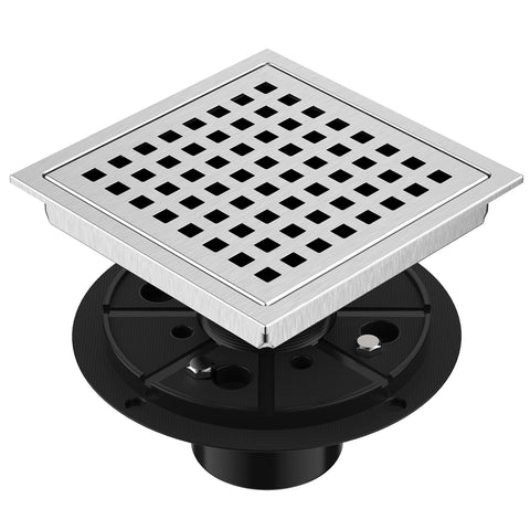 EXF 6x6 square shower drain in brushed nickel with high flow to prevent puddles