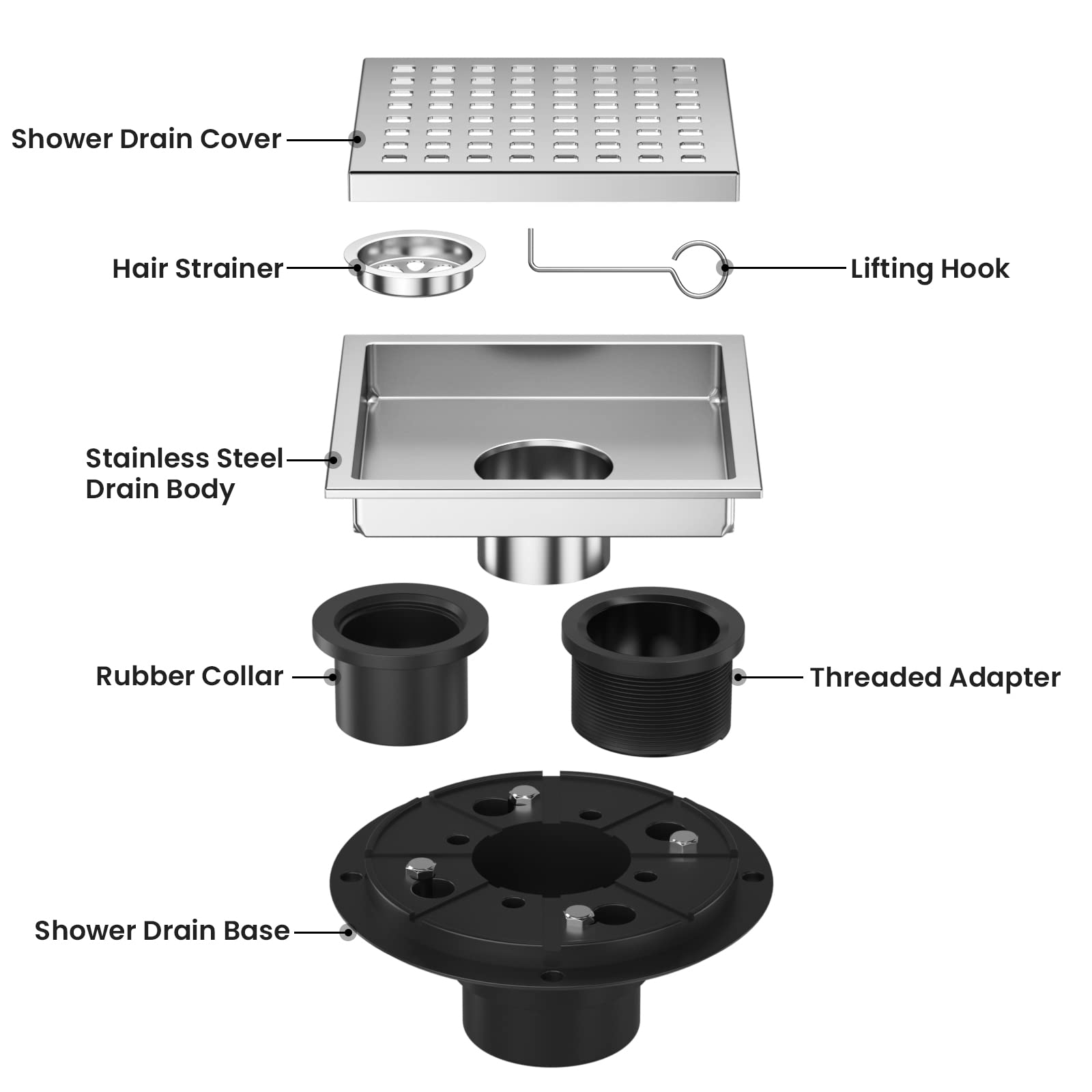 EXF grid-cover removable shower drain enhances water flow with invisible design.