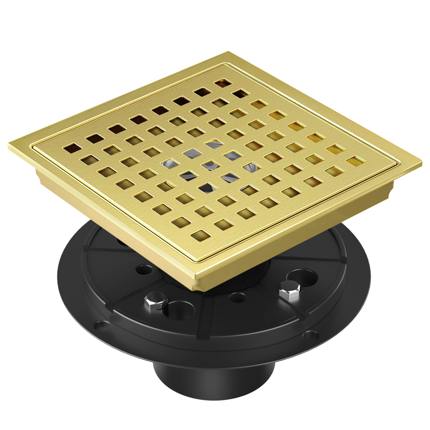 EXF 6-inch brushed-gold square grid drain showing the modern finish and grid grate