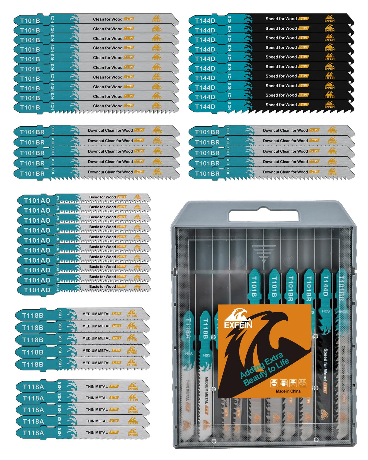 EXFEIN 50-piece jigsaw blade T118A for straight metal cuts, high durability for thin sheets.