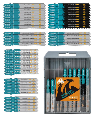 EXFEIN 50-piece jigsaw blade T118A for straight metal cuts, high durability for thin sheets.